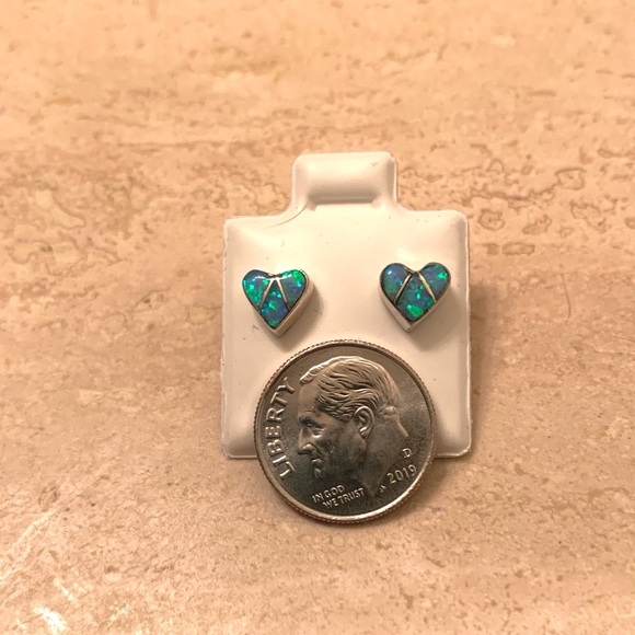 Sterling Silver Inlay Blue Lab Opal Heart Earrings - Picture 6 of 7